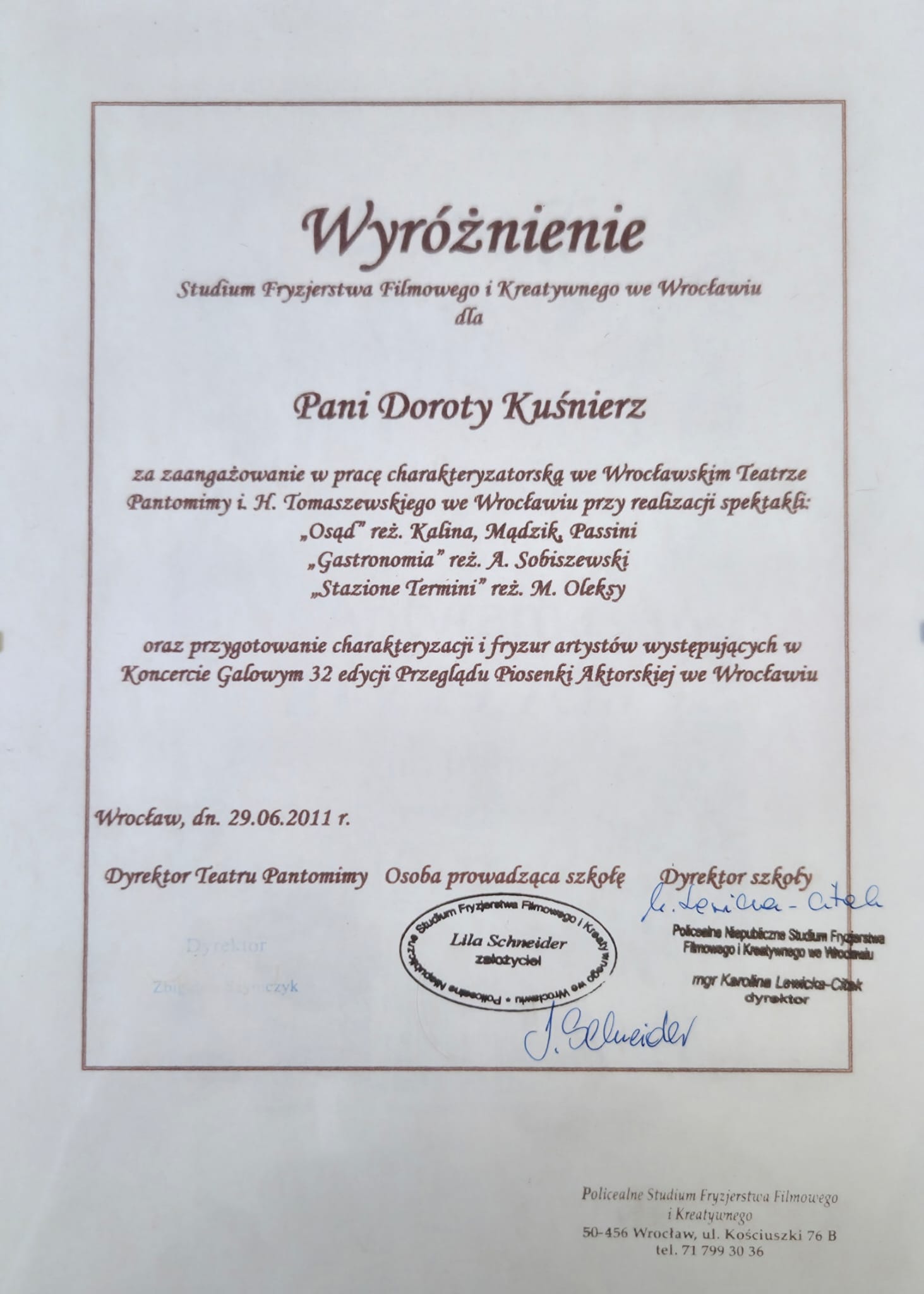 Dyplom — Fryzjer ze specjalnością teatralno-filmową, 2011