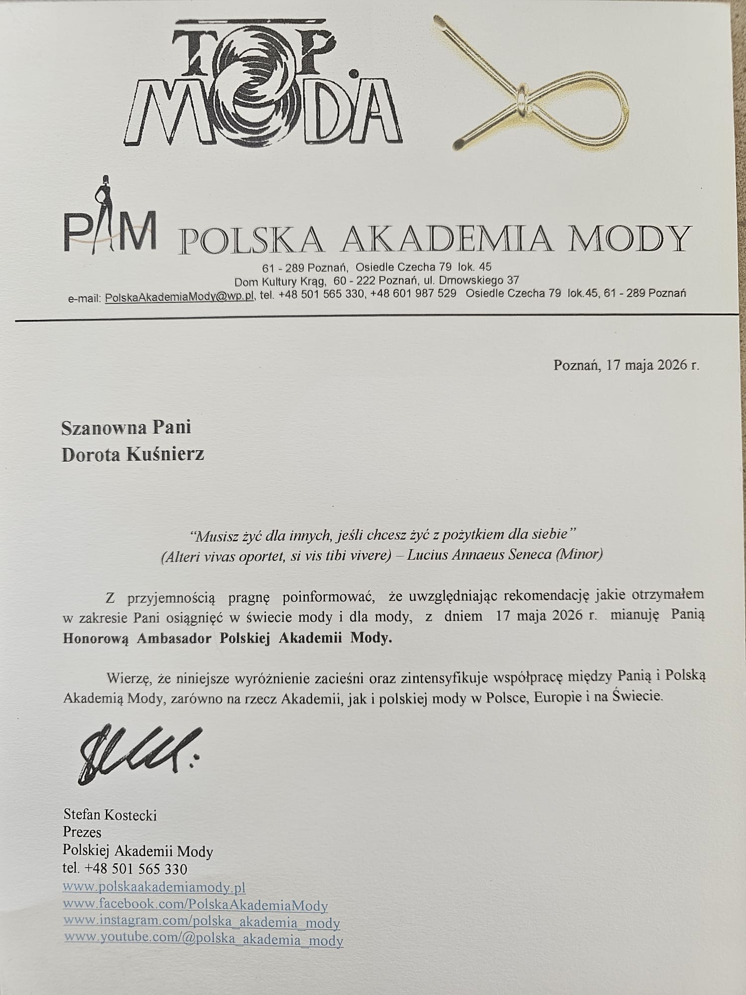 Honorowy Ambasador Polskiej Akademii Mody, 2026