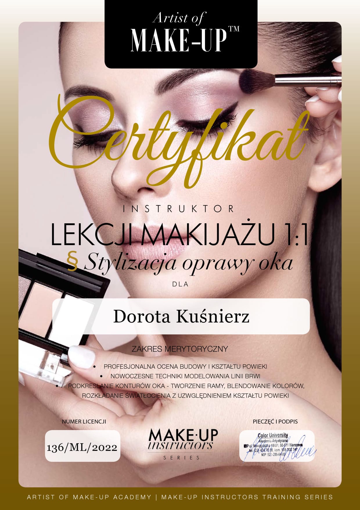 Certyfikat Instruktor — Lekcje makijażu 1:1, 2022