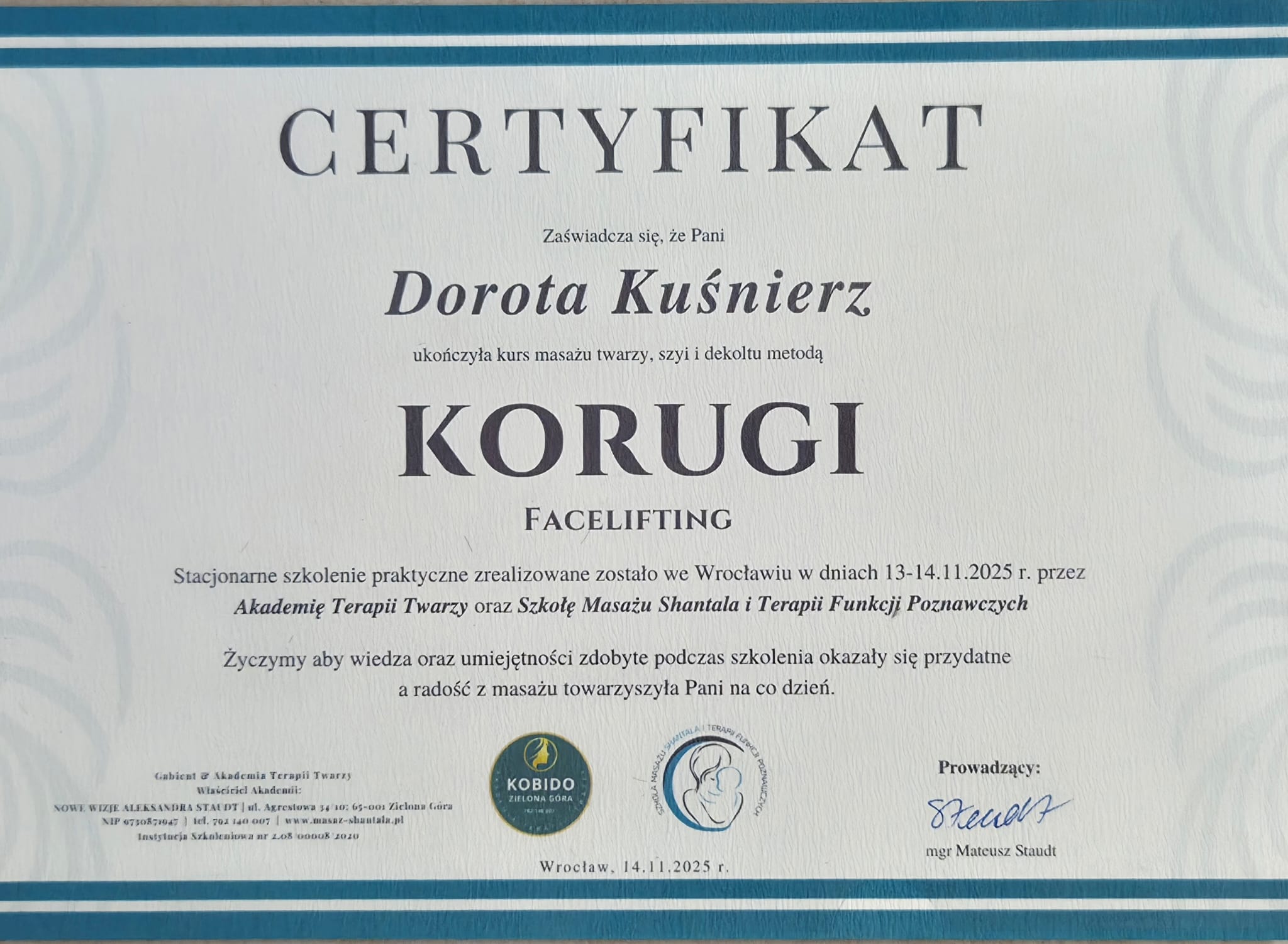 Certyfikat Korugi Facelifting — masaż twarzy, szyi i dekoltu, 2025