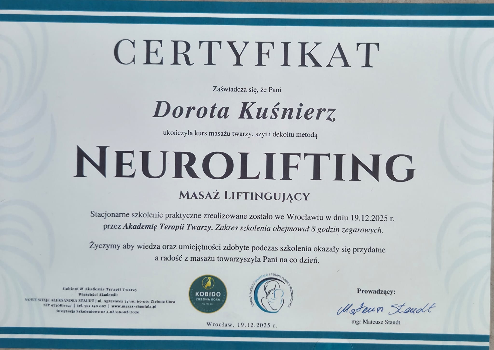 Certyfikat Neurolifting — masaż liftingujący, 2025
