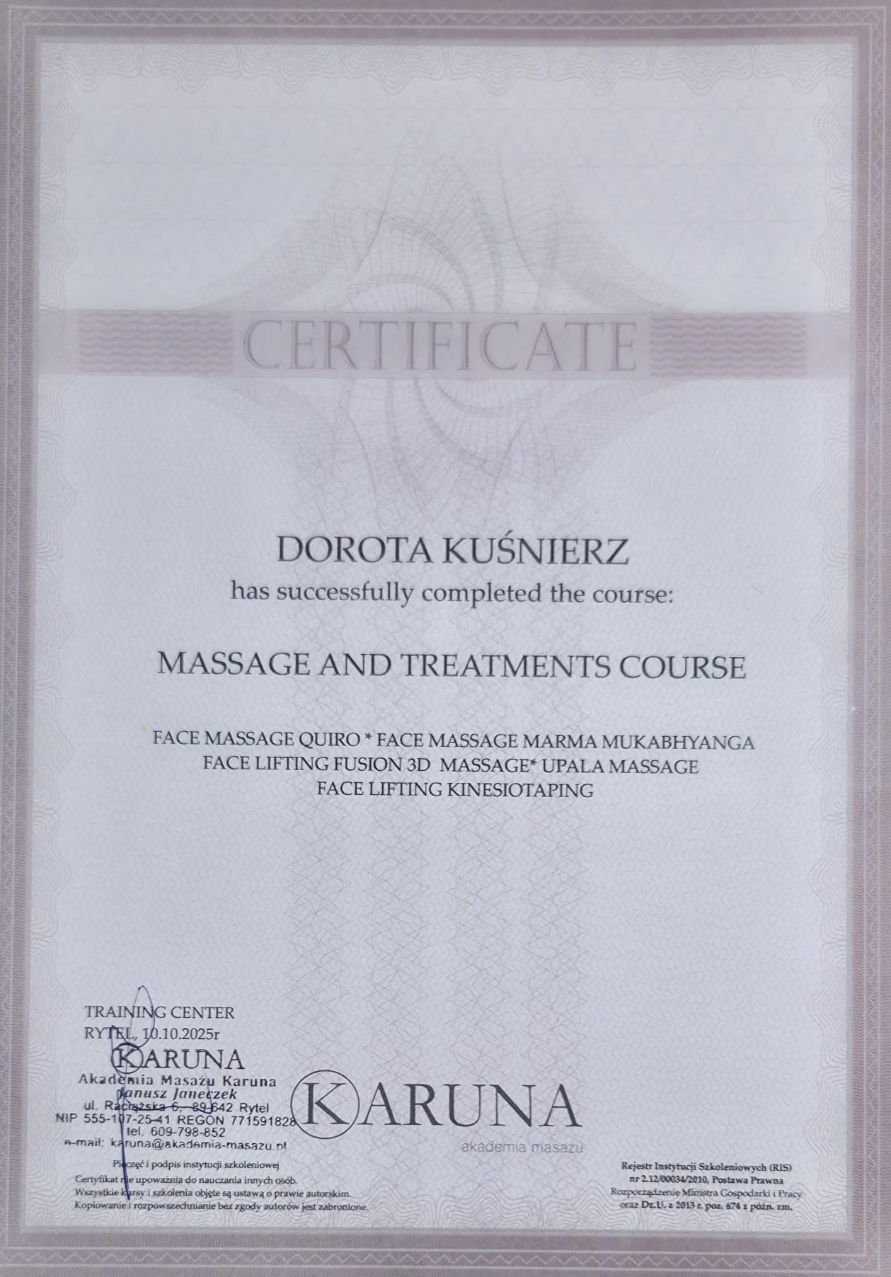 Karuna Certificate — Face Massage & Treatments Course, 2025